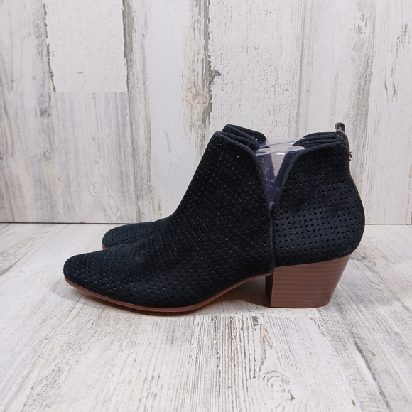 Sam Edelman Paula Ankle Boots Perforated Suede Blk Stacked Heel # 546 - Picture 1 of 12